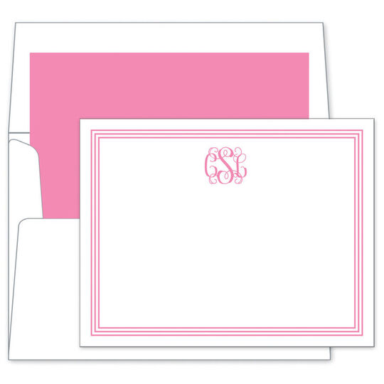 Pink Bristol Border Monogram Flat Note Cards